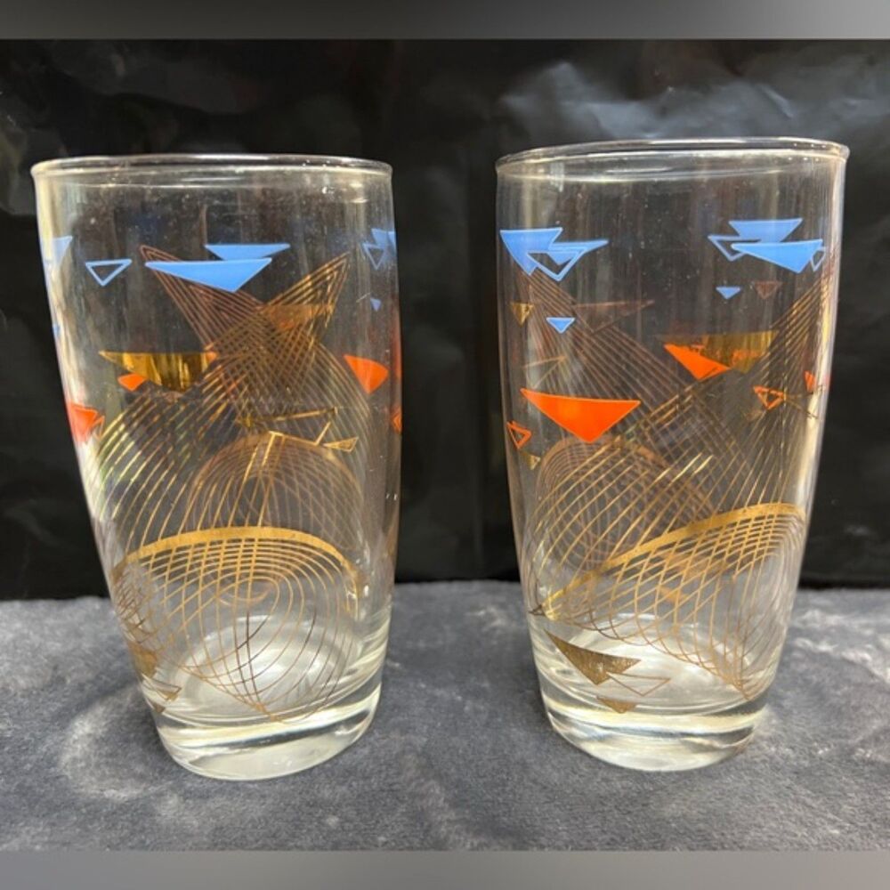 Vintage Anchor Hocking Boomerang Glass Tumblers – Red, Blue & Gold Swirl –  2
